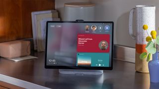 The Facebook Portal Plus in an office with a missed video call on the screen