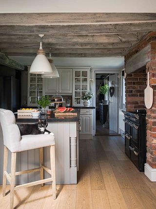 kitchen in 16th-century home, with beams