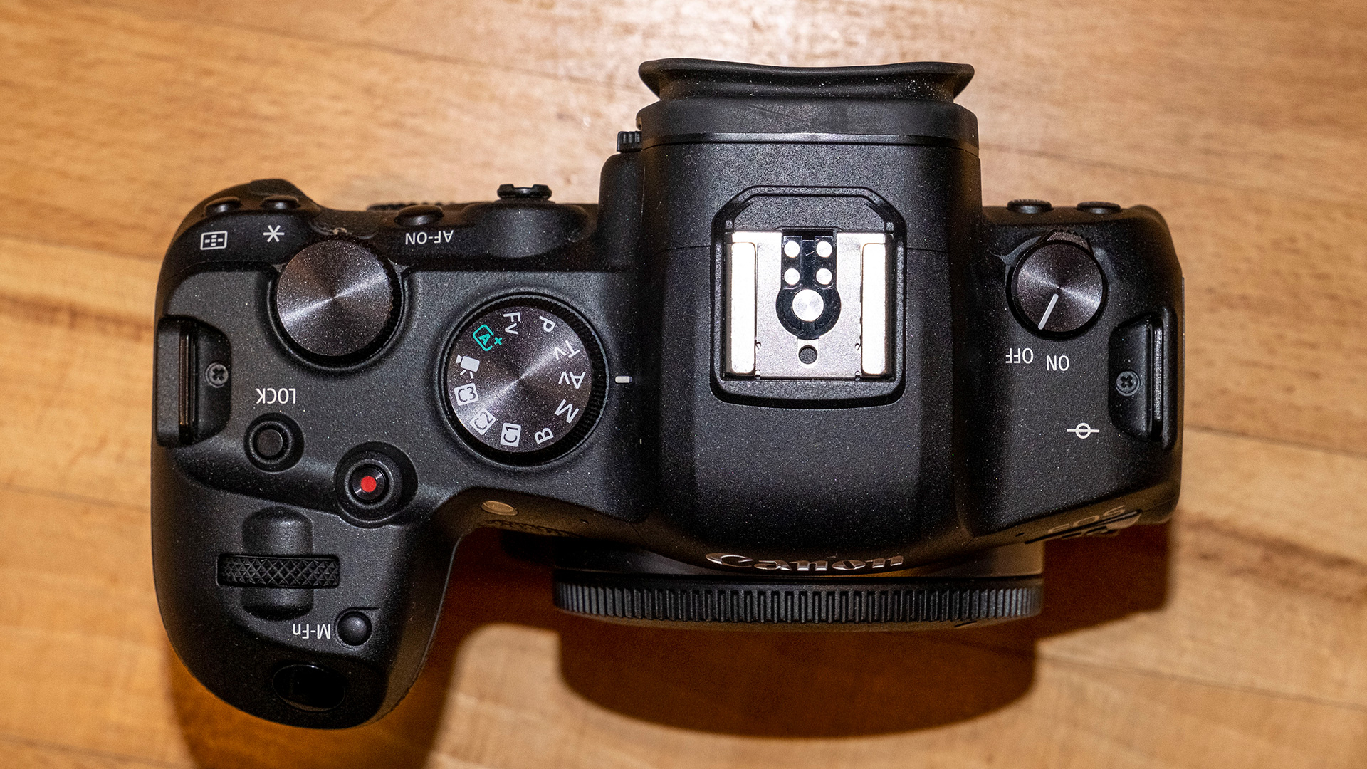The Canon EOS R6 full-frame mirrorless camera. This shot shows it from above
