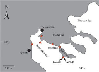 This figure shows the study area in Greece (Thermaikos Gulf). Red stars indicate drilling sites, where researchers have found high-energy layers, which are interpreted a of a tsunami origin.