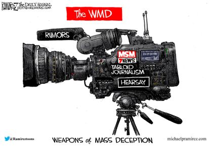 Political cartoon U.S. Fake news media weapons of mass destruction
