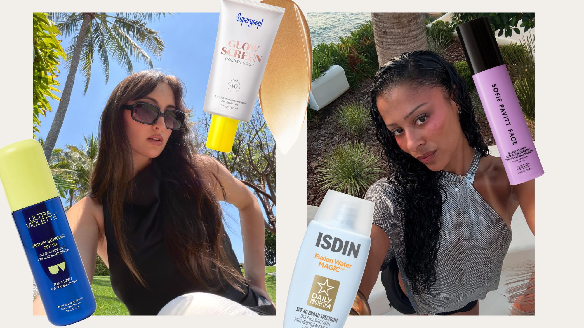 Collage of Who What Wear associate beauty editor Alyssa Brascia and creator Sami Mir&oacute; with face sunscreens for under makeup overlaid.