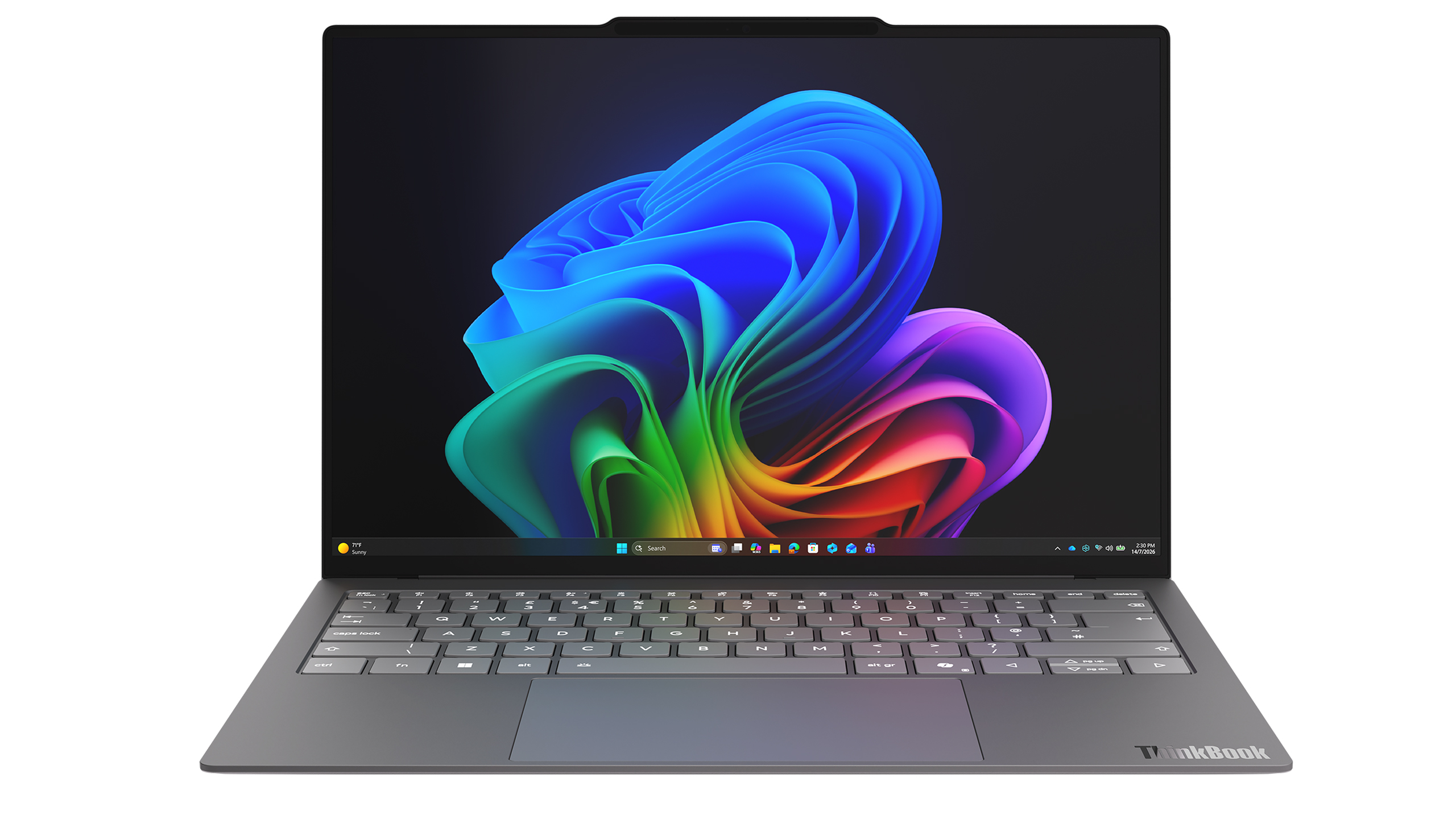 Front view of an open slim grey Lenovo ThinkBook AeroBlade laptop showcasing a colorful ribbon wallpaper on its display.