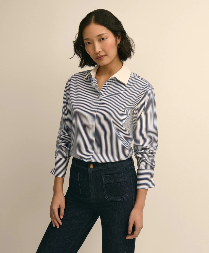 Supima&reg; Cotton Contrast-Collar Stripe Shirt With French Cuffs