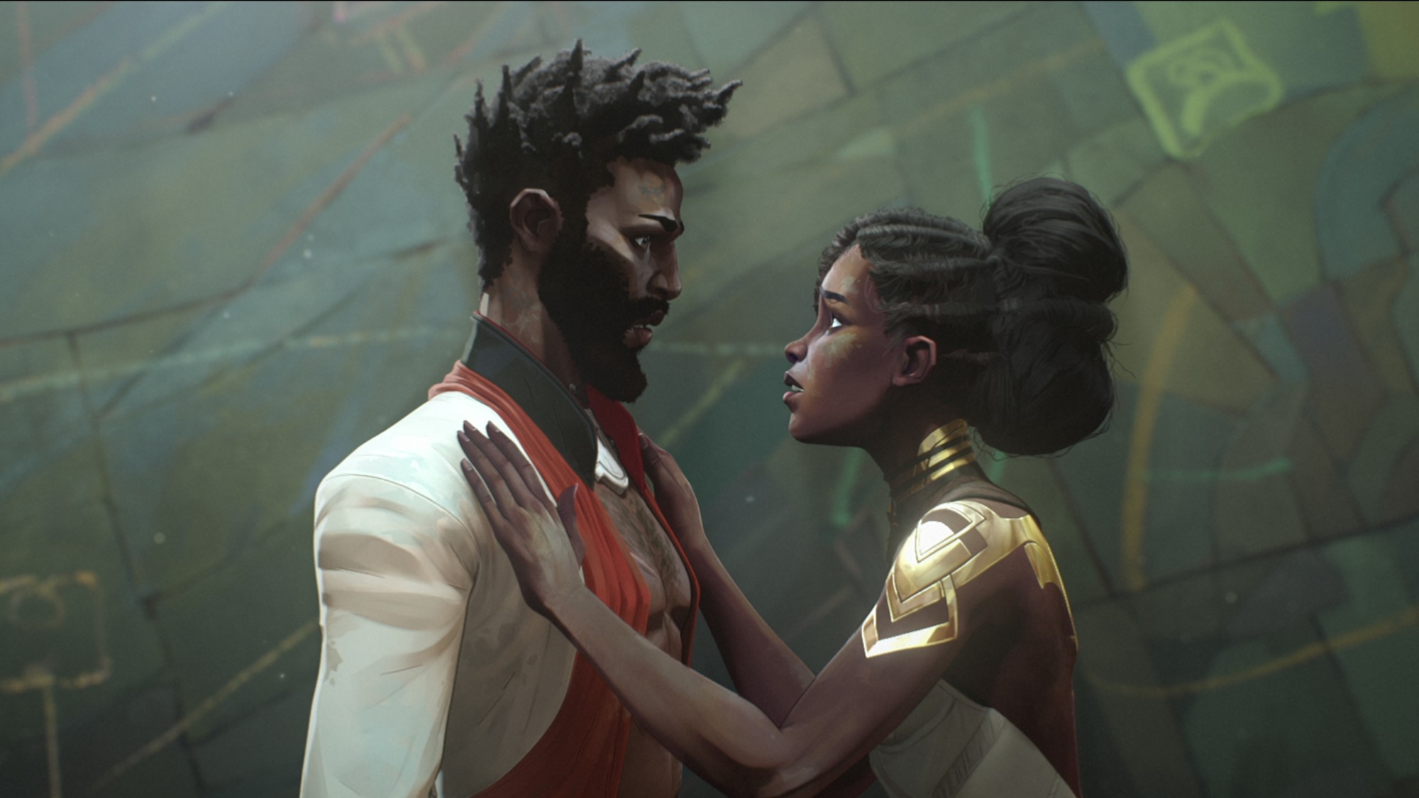 the characters Kino and Mel share a tender moment in the animated series 'Arcane'