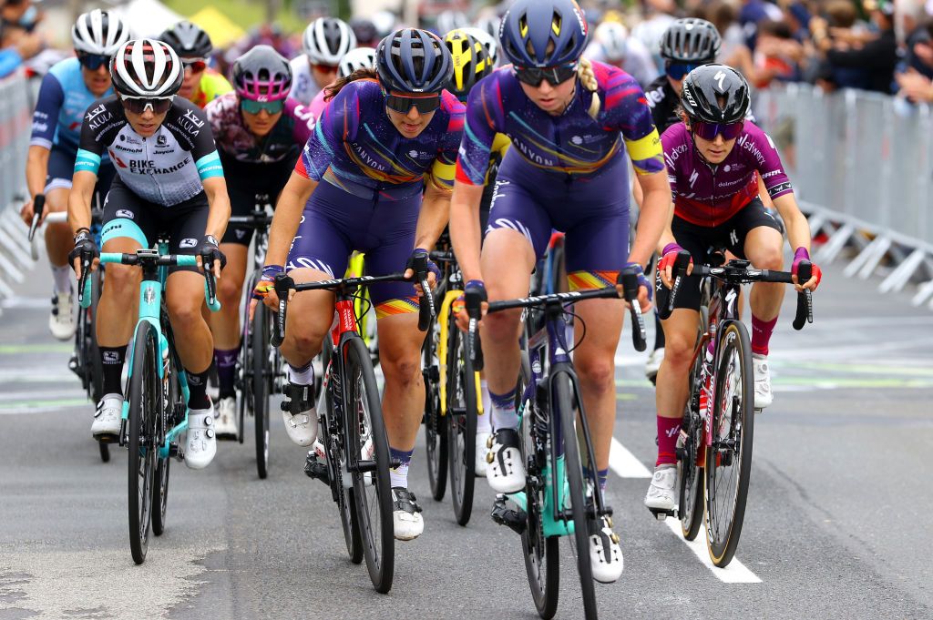 LANDERNEAU FRANCE JUNE 26 Mikayla Harvey of New Zealand Elise Chabbey of Switzerland and Team Canyon SRAM Racing in The Breakaway passing through Cte De La Fosse Aux Loups 176m during the 8th La Course By Le Tour De France 2021 a 1077km race from Brest to Landerneau Cte De La Fosse Aux Loups 176m LaCourse LeTour TDF2021 UCIWWT on June 26 2021 in Landerneau France Photo by Tim de WaeleGetty Images