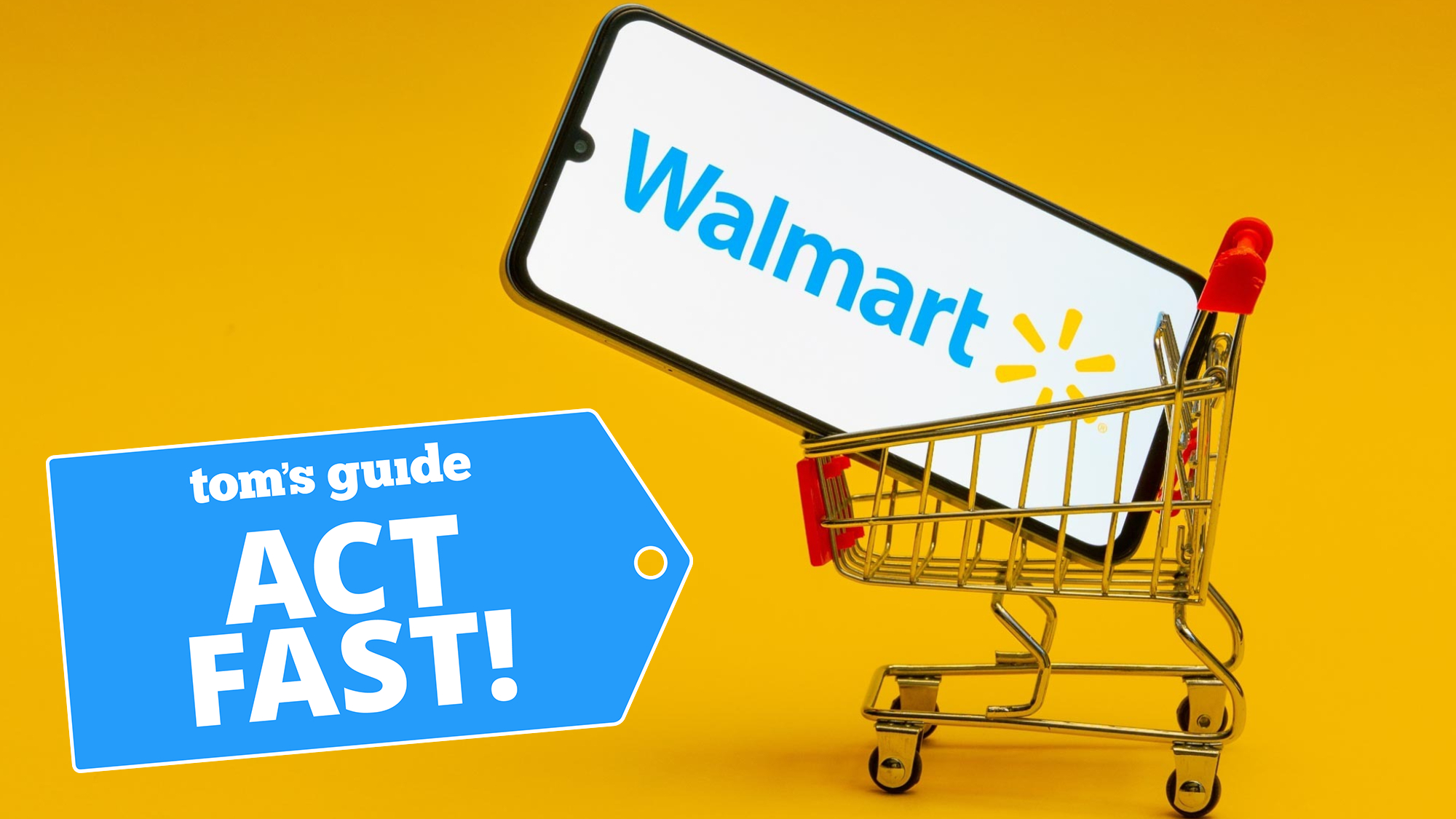 Smartphone with Walmart logo nestled into a mini shopping cart