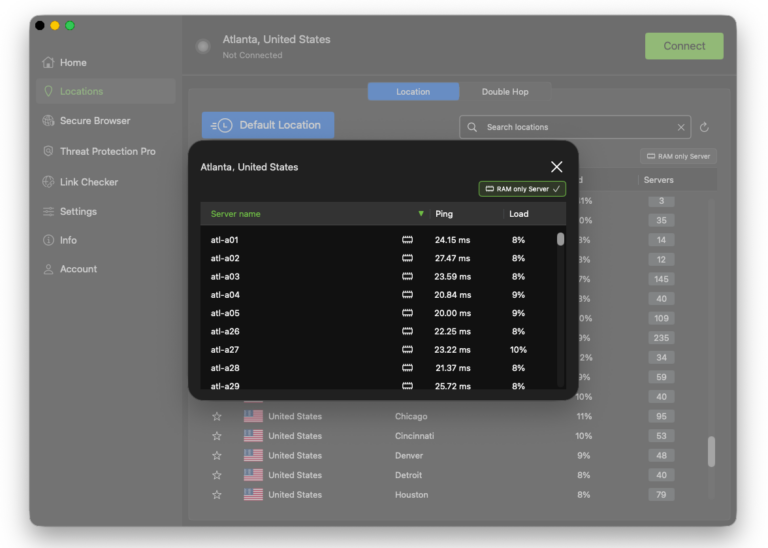 IPVanish's RAM-only server filter
