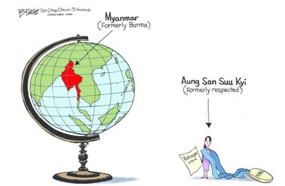 Political cartoon World Rohingya crisis Aung San Suu Kyi