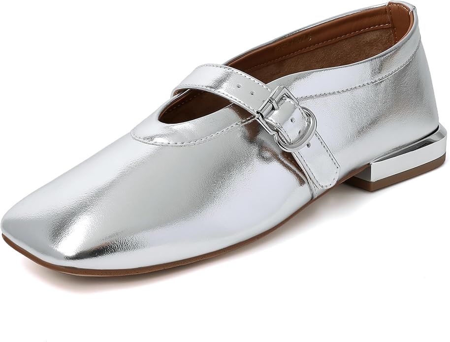 vivianly, Vivianly Leather Ballet Flats Shoes for Women Flats Comfortable Dressy Square Toe Leather Flats Soft Work Mary Jane Flats for Events Party Leisure Size 9 Silver Pu