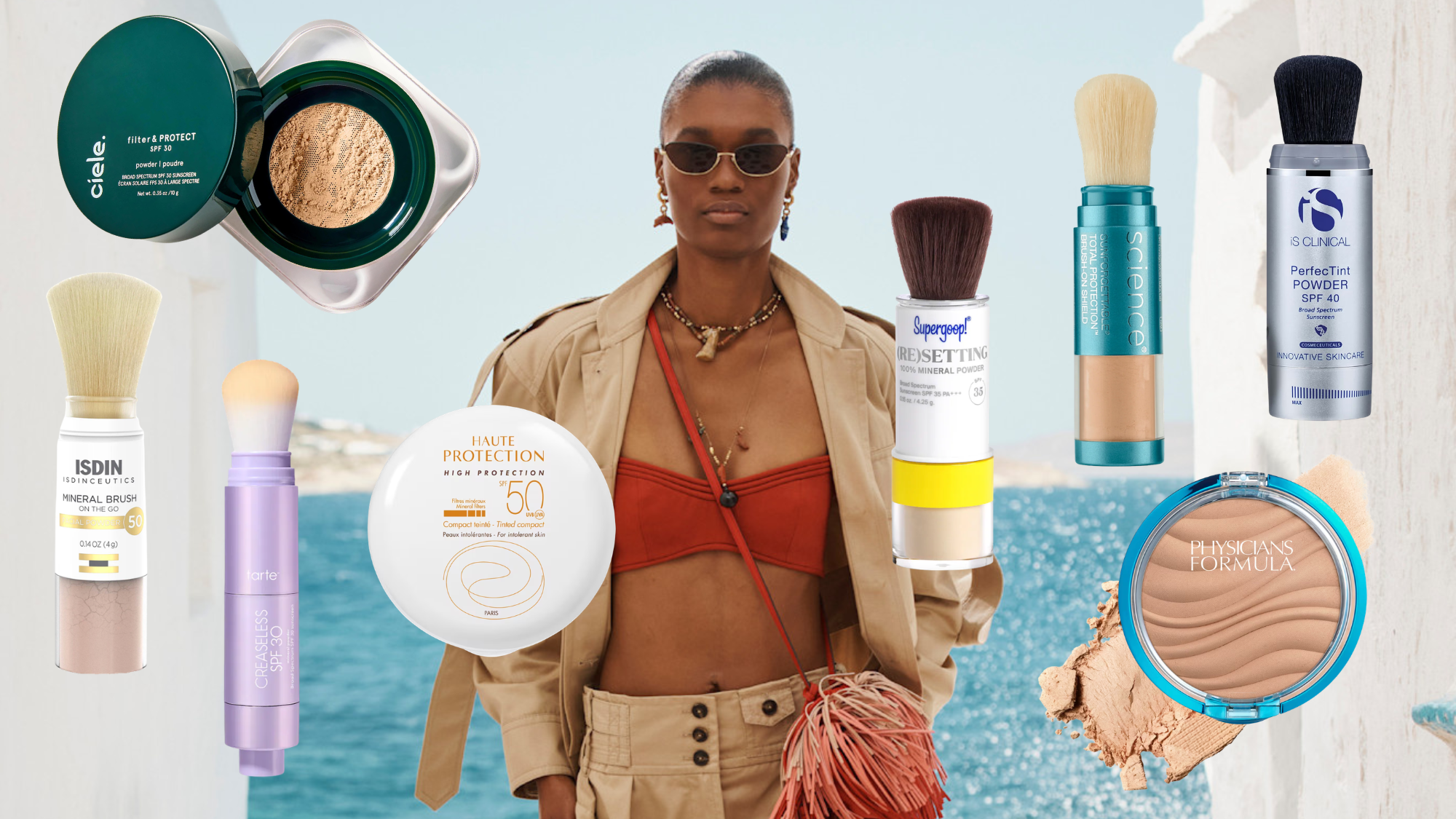 Girl wearing sunglasses at beach with powder sunscreen.