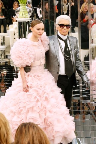 Lily-Rose Depp and Stylist Karl Lagerfeld at the end of the Chanel Spring Summer 2017