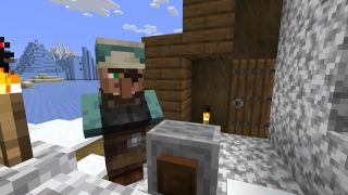Minecraft villager - a weaponsmith in a snowy village works at a grindstone.