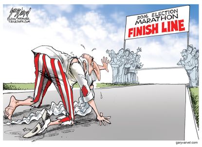 Political cartoon U.S. 2016 election Donald Trump Hillary Clinton finish line