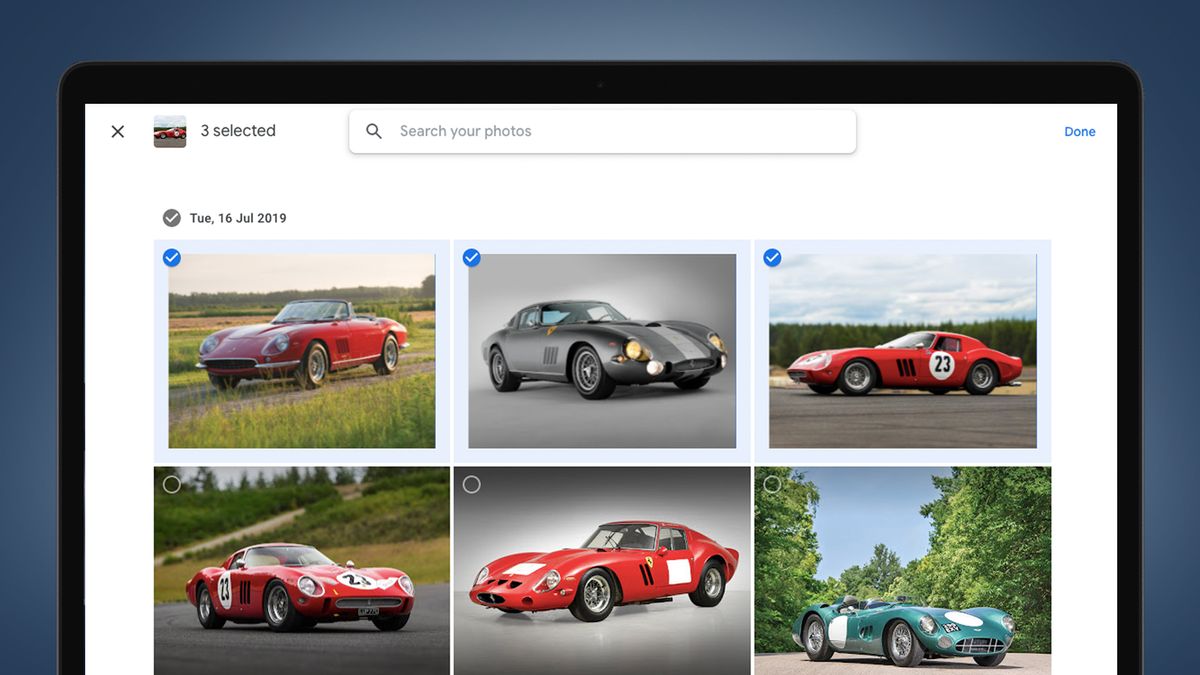 A laptop screen showing the Google Photos archive interface