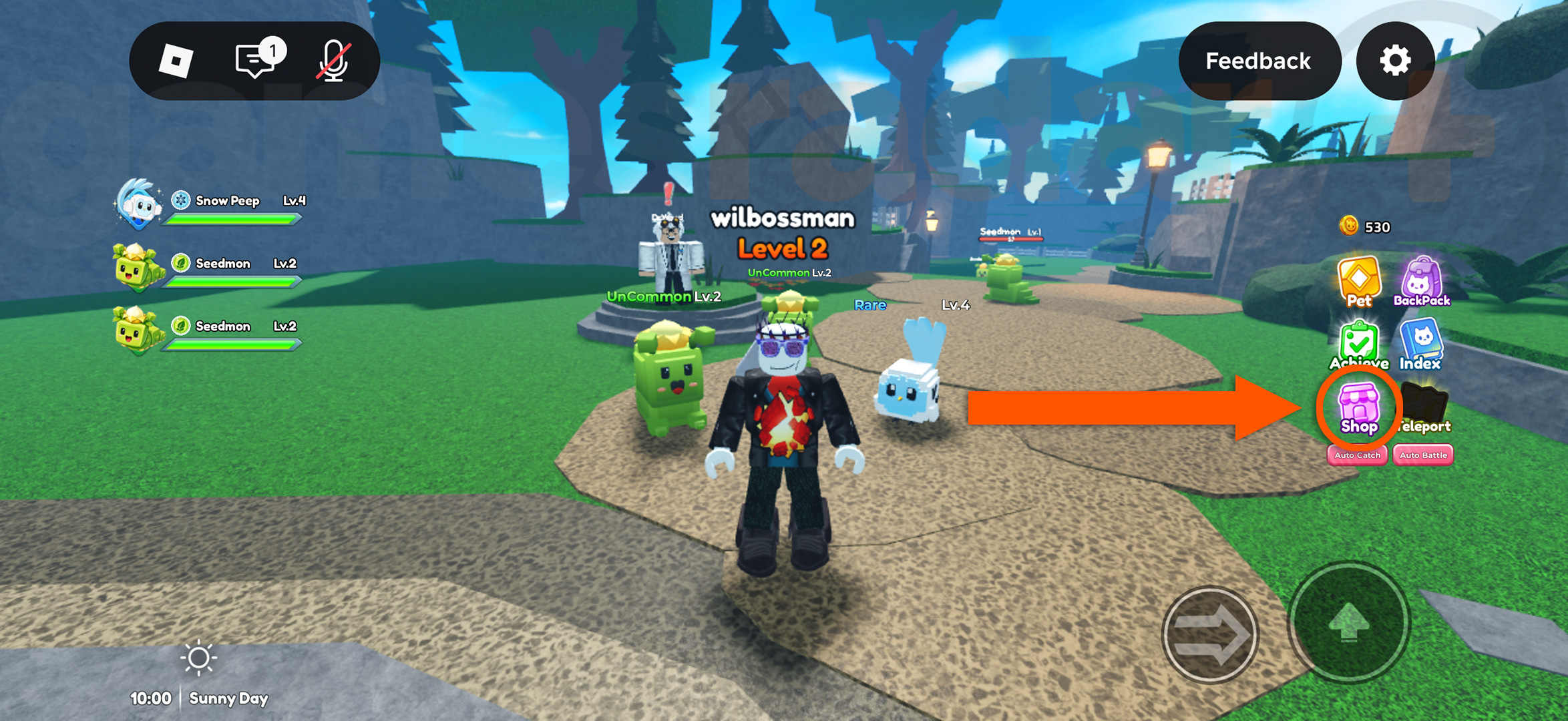 An arrow indicating where to redeem Blox Monsters codes using the Shop menu