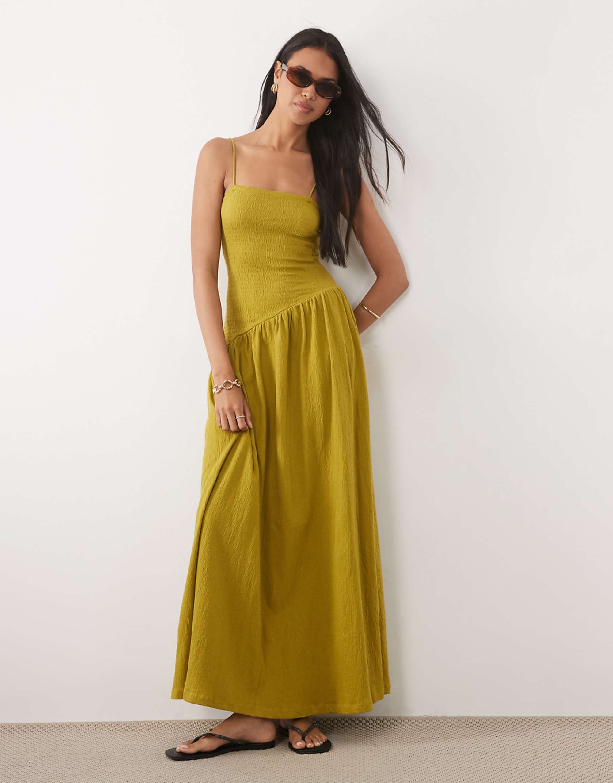Asos Design Crinkle Cami Tie Back Midi Dress With Asymmetric Waist in Olive
