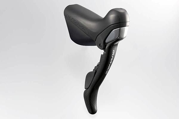 The new Dura-Ace STI Dual Control brake levers bear a unique finish over its unidirectional carbon fiber construction.