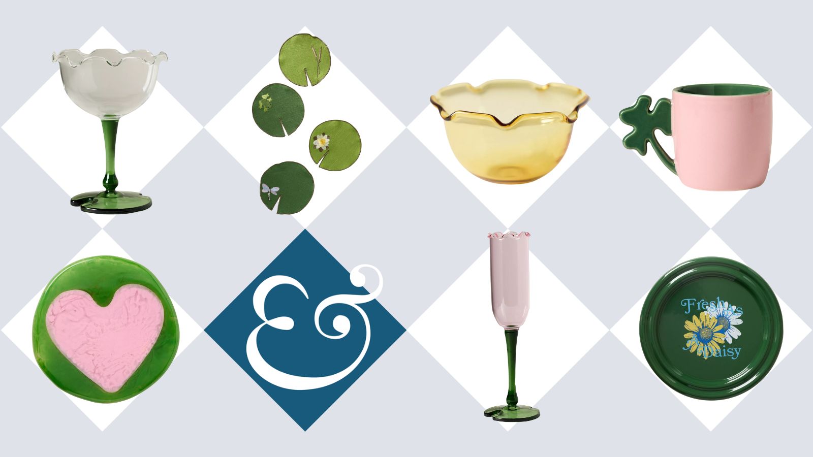 Collection of pink and green maximalist tableware