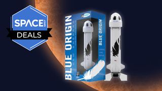 The Estes Blue Origin New Shepard Rocket Kit against an orange planet background with a blue Space.com badge in the upper left corner. 