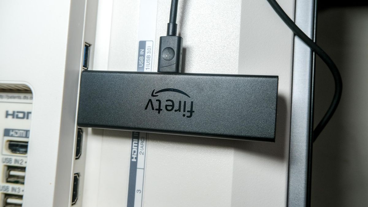 Amazon Fire TV Stick 4K Max plugged into TV HDMI port