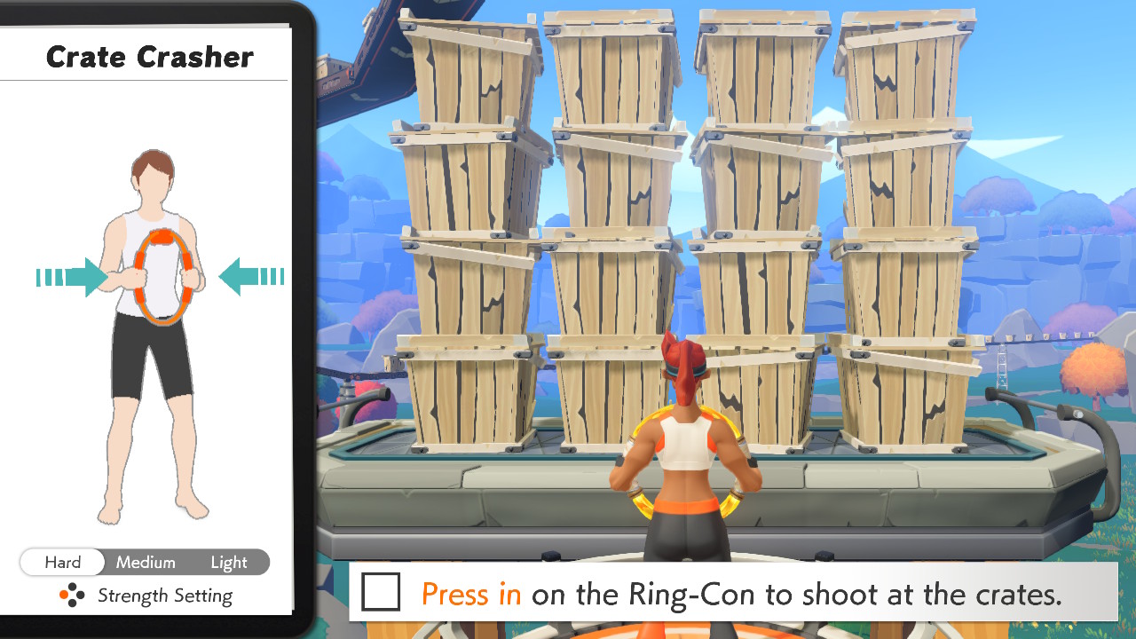Ring Fit Adventure game tasking players with pressing on the Ring-Con to shoot at crates