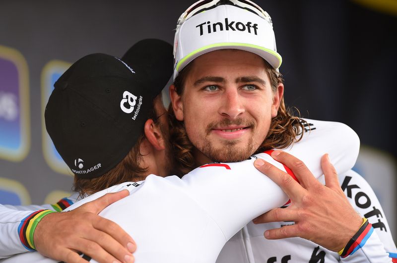 Hugs on the podium for Peter Sagan and Fabian Cancellara