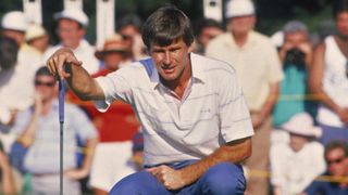Nick Faldo lines up a putt at the 1988 US Open