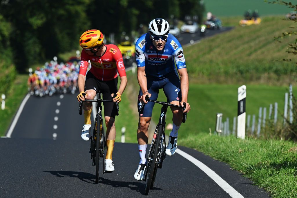 DIEKIRCH LUXEMBOURG SEPTEMBER 20 LR Johannes Kulset of Norway and Team UnoX Mobility and Louis Vervaeke of Belgium and Team Soudal QuickStep compete in the breakaway during the 84th Tour de Luxembourg 2024 Stage 3 a 2013km stage from Rosport to Diekirch UCIWT on September 20 2024 in Diekirch Luxembourg Photo by Tim de WaeleGetty Images