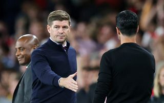Arsenal manager Mikel Arteta shakes hands with Steven Gerrard, Manager of Aston Villa after the final whistle of the Premier League match between Arsenal FC and Aston Villa at Emirates Stadium on August 31, 2022 in London, England.