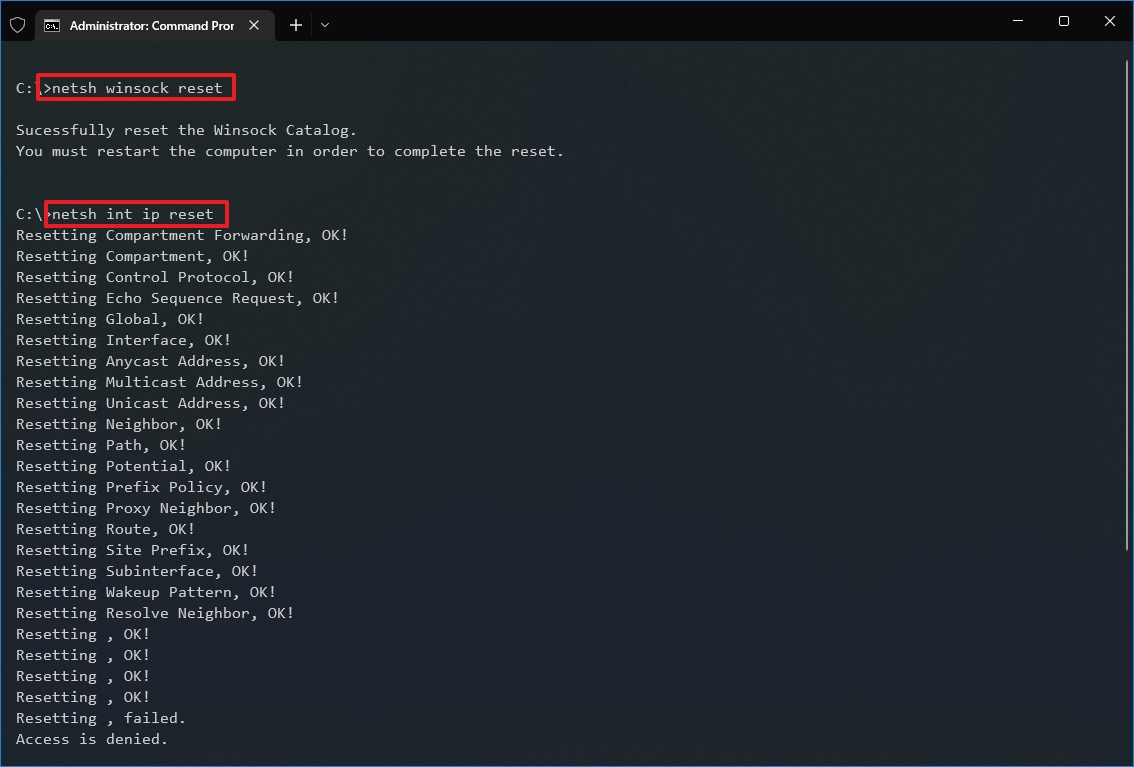 netsh winsock reset command