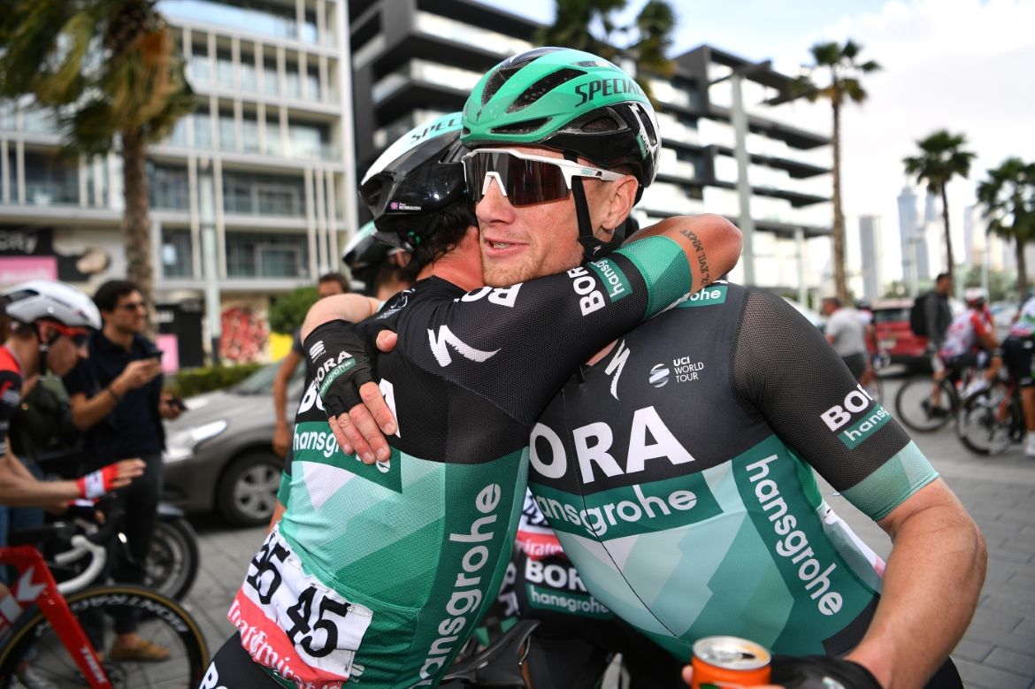 Sam Bennett (Bora-Hansgrohe) celebrates stage victory.