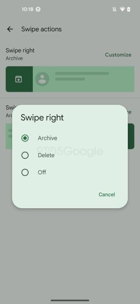 Google Messages "Swipe actions" settings