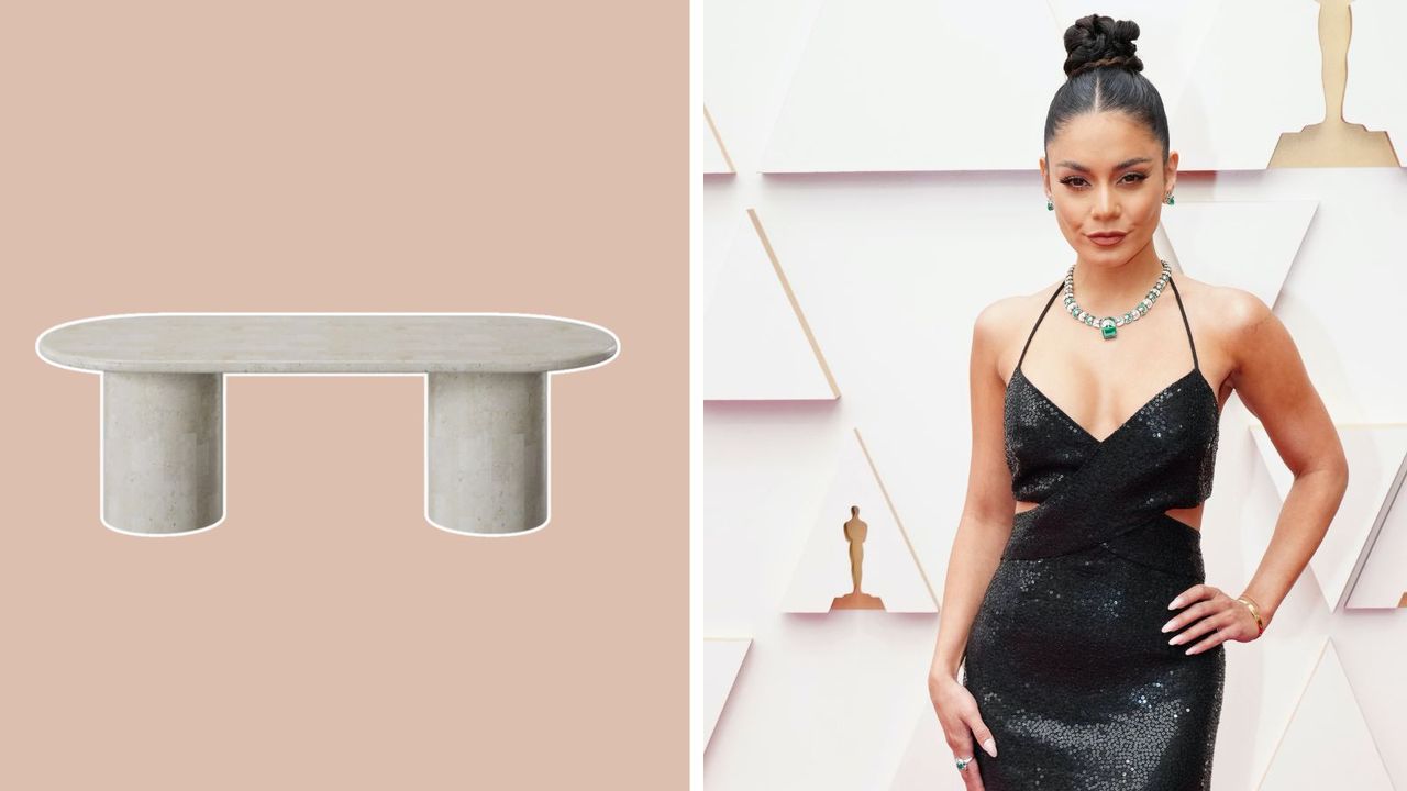 A photo of the Paradis Oval Dining Table on a tan background next to a headshot of Vanessa Hudgens in a black dress at the Oscars in 2022