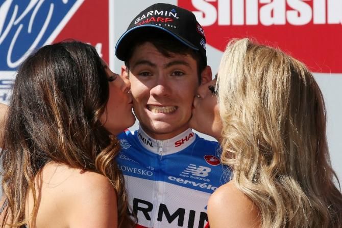 Alex Howes (Garmin Sharp) receives kisses from the podium hostesses