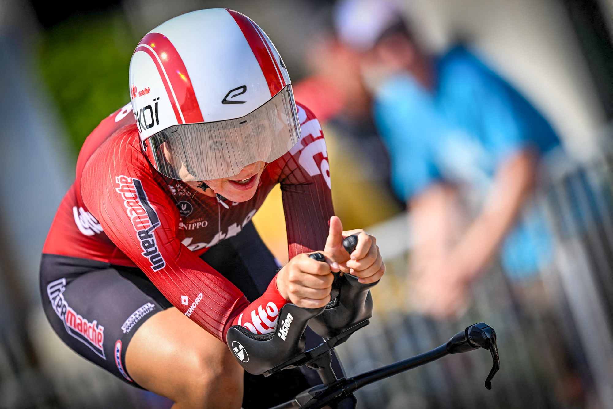 Elite Women Sandrine Tas pictured in action during the women's elite individual road time trial race (20,5km) at the Belgian Cycling Championships, in Maarkedal, on Friday 26 June 2026. BELGA PHOTO DAVID PINTENS (Photo by DAVID PINTENS / BELGA MAG / Belga / AFP via Getty Images)