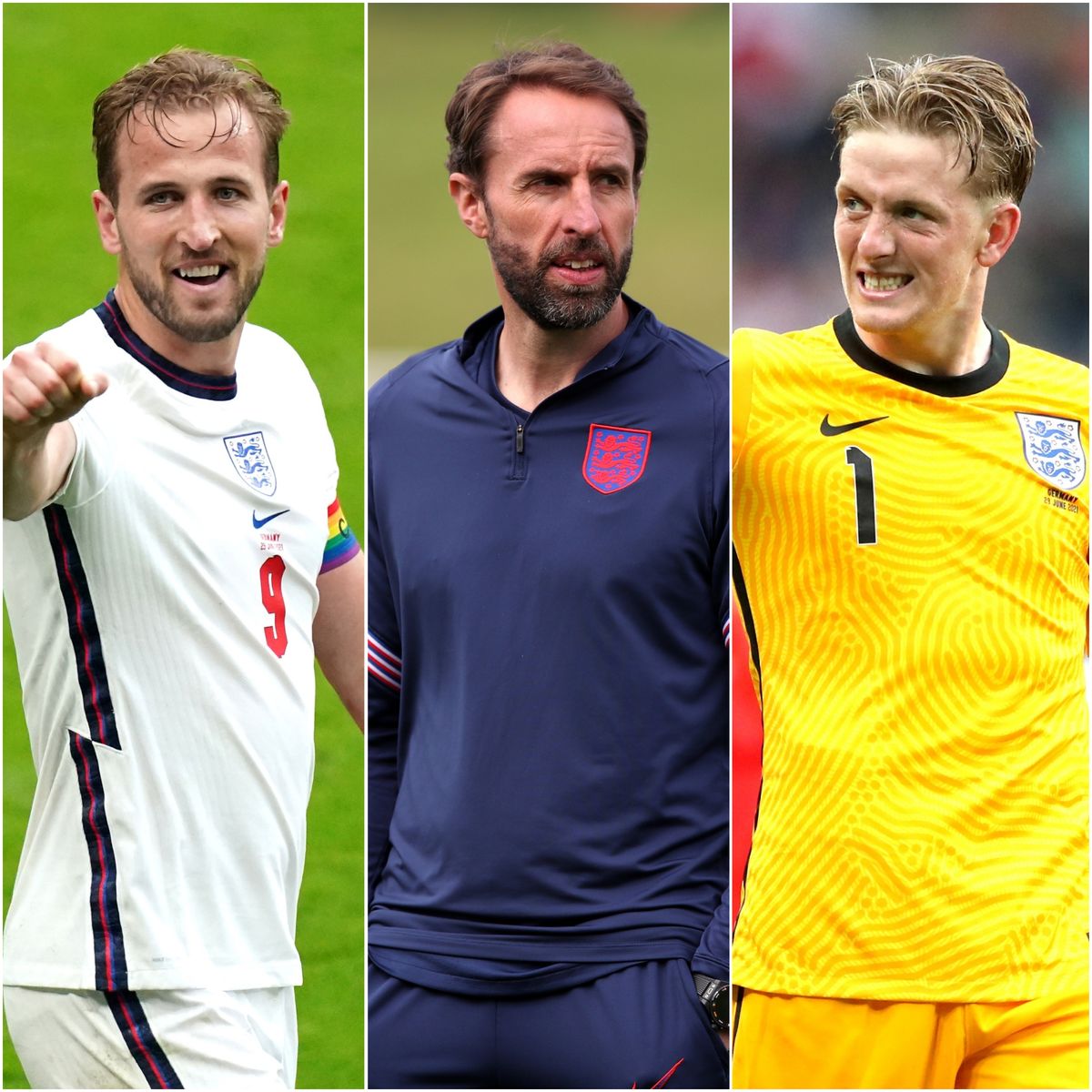 Harry Kane, Gareth Southgate and Jordan Pickford