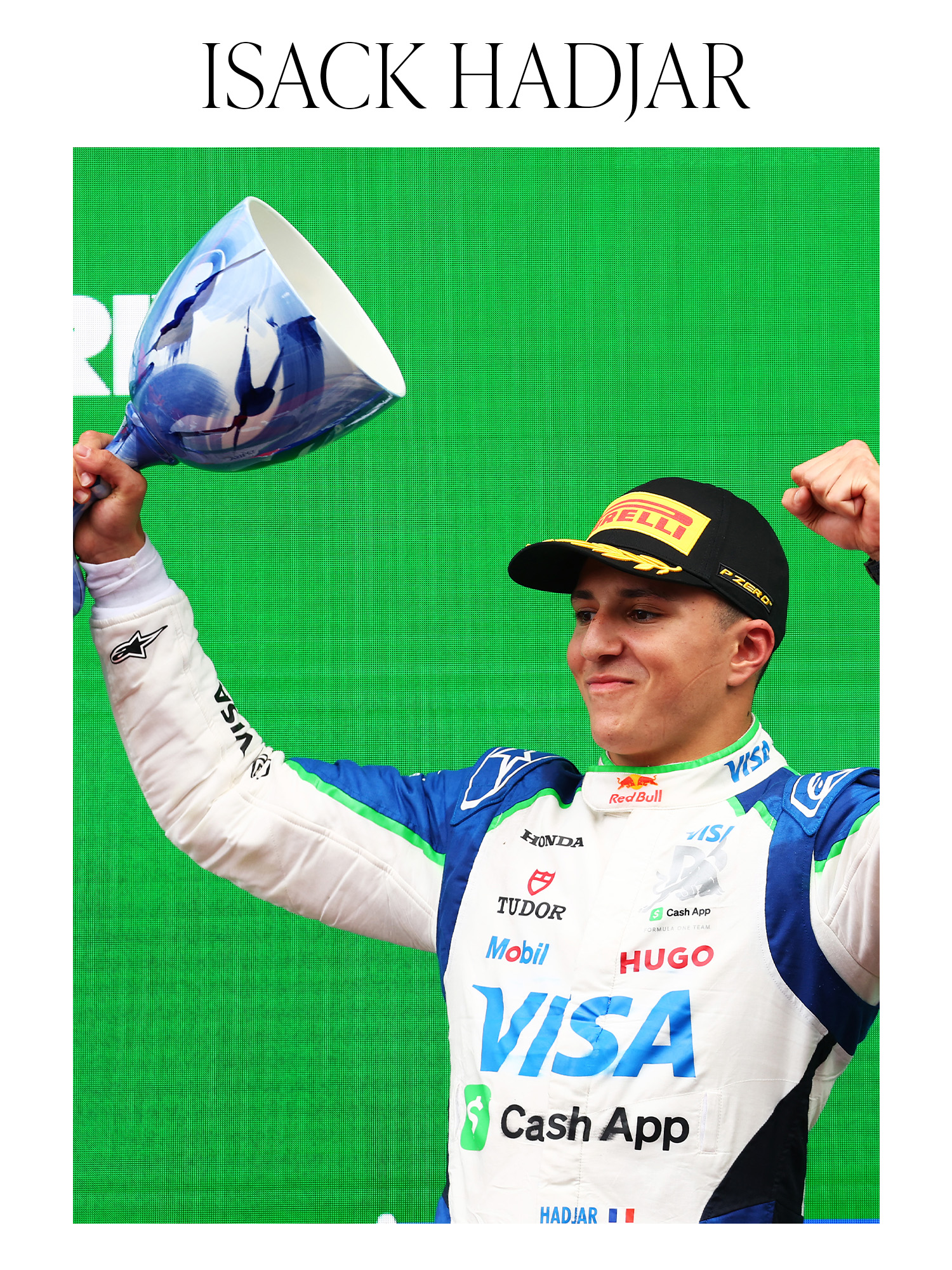 ZANDVOORT, NETHERLANDS - AUGUST 31: Third placed Isack Hadjar of France and Visa Cash App Racing Bulls celebrates on the podium with his trophy during the F1 Grand Prix of Netherlands at Circuit Zandvoort on August 31, 2025 in Zandvoort, Netherlands.