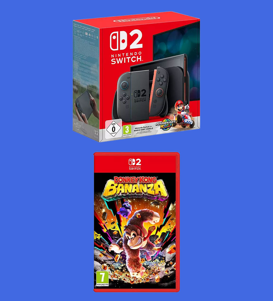 Nintendo Switch 2 and Donkey Kong on blue background