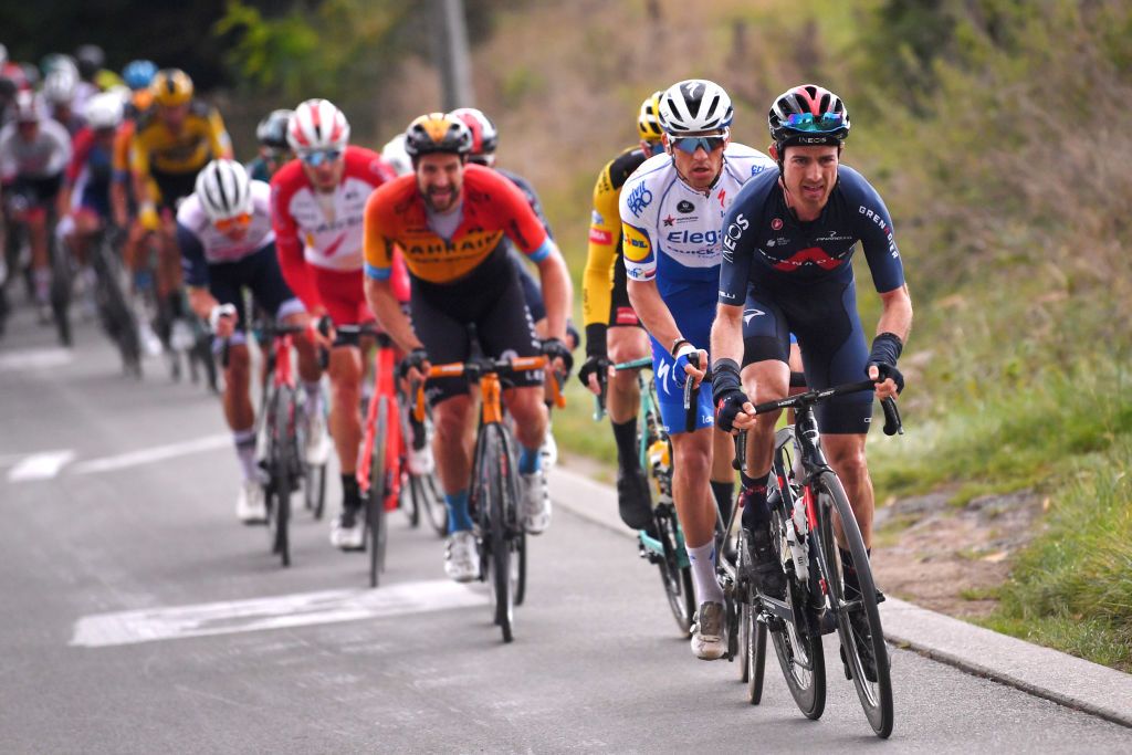 OUDENAARDE BELGIUM OCTOBER 18 Leonardo Basso of Italy and Team INEOS Grenadiers Zdenek Stybar of Czech Republic and Team Deceuninck QuickStep Peloton during the 104th Tour of Flanders 2020 Ronde van Vlaanderen Men Elite a 2433km race from Antwerpen to Oudenaarde RVV20 FlandersClassic on October 18 2020 in Oudenaarde Belgium Photo by Luc ClaessenGetty Images