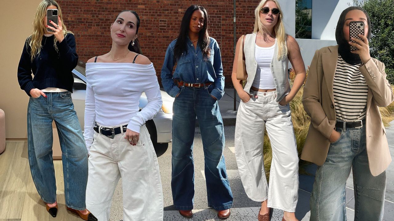 A collage of editors wearing barrel-leg jeans.