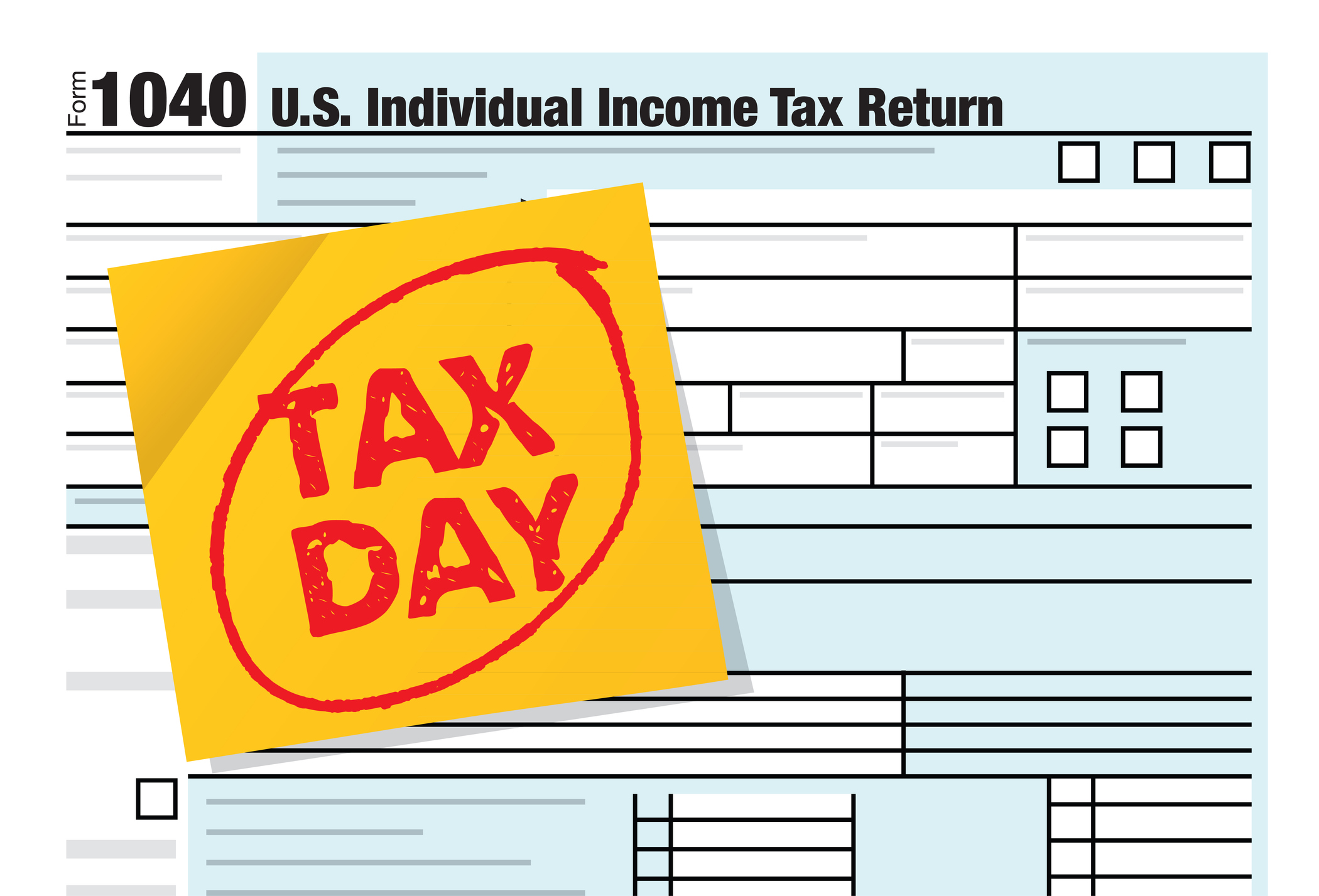 The word TAX DAY written on a yellow note on form 1040