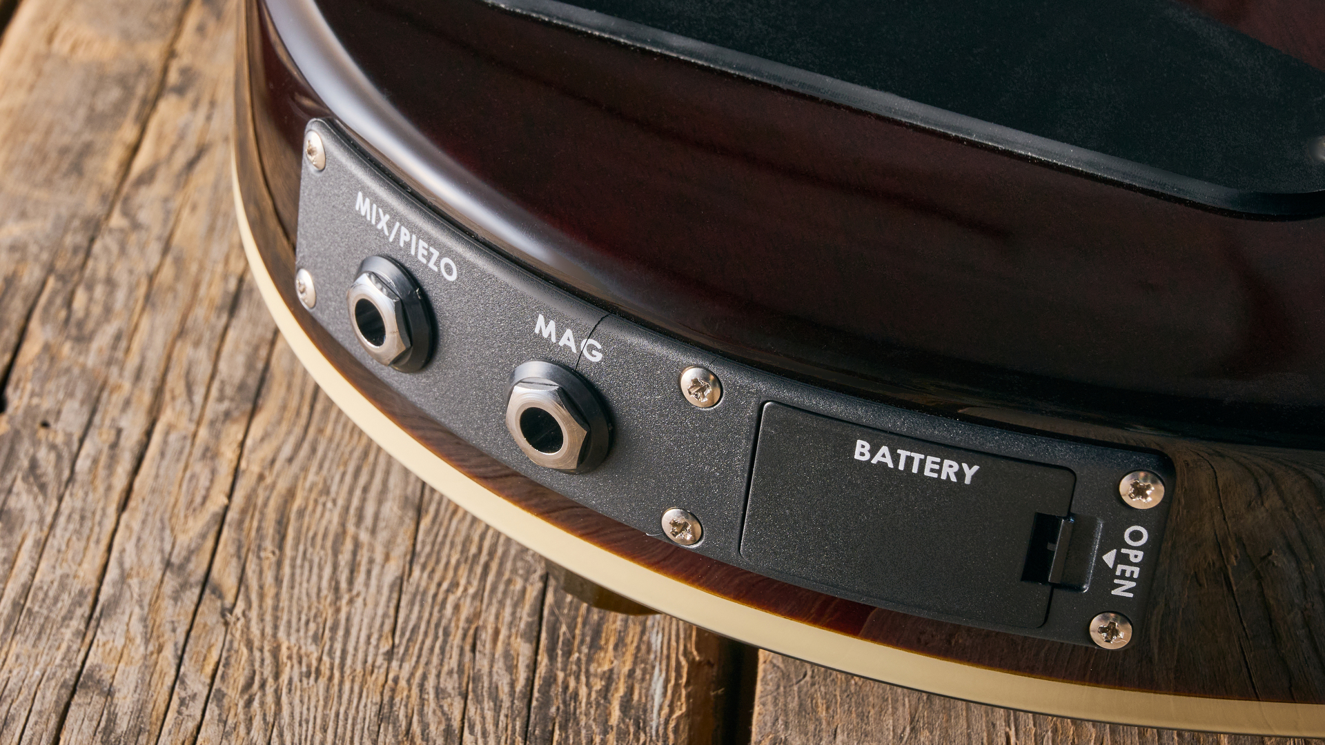 A shot of ‌the ‍dual output jacks on the ‍PRS ⁢SE Ed Sheeran Hollowbody I Piezo Baritone guitar