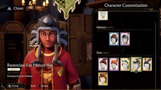 Harry Potter: Quidditch Champions still showing the character customization screen. A student is wearing a knitted hat depicting a raven.