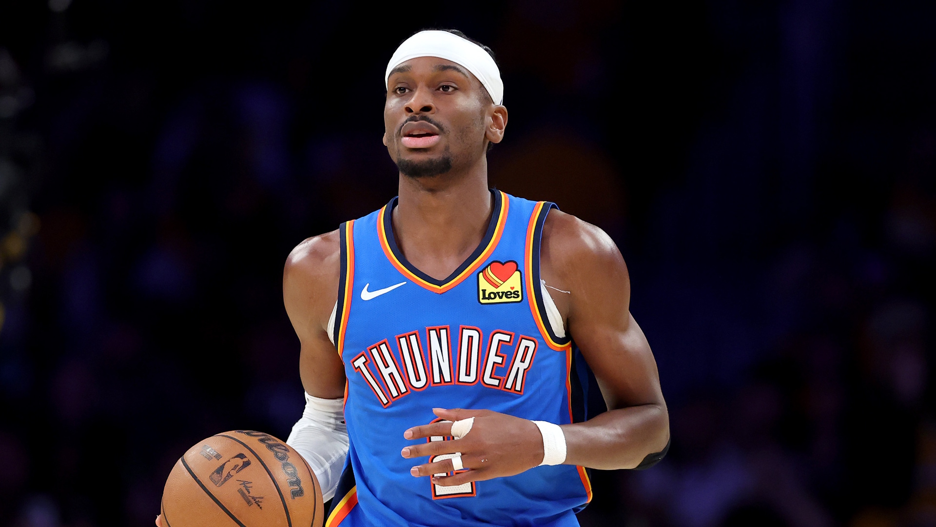 Shai Gilgeous-Alexander of the Oklahoma City Thunder dribbles the ball during the NBA Playoffs 2026.