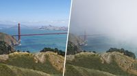 Split comparison showing the Golden Gate Bridge in clear sunshine on the left and partly hidden by fog on the right.