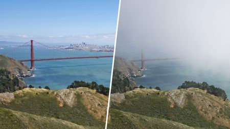 Split comparison showing the Golden Gate Bridge in clear sunshine on the left and partly hidden by fog on the right.