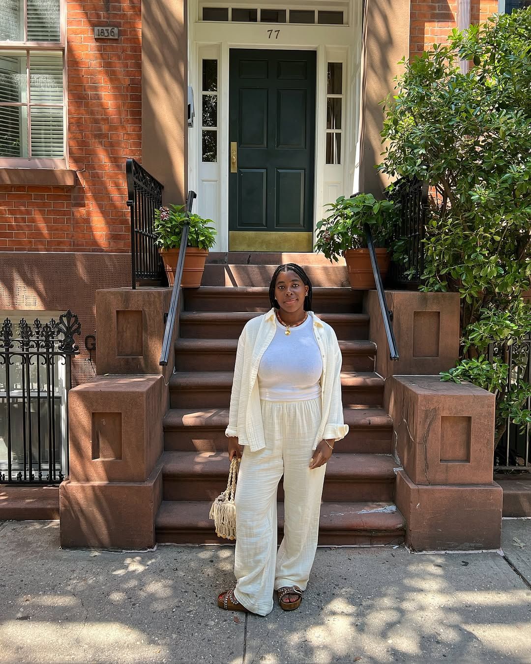 Candice in a matching butter yellow linen set