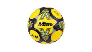 A yellow football with wavy black patterns and yellow circles has 'Mitre' written on it.