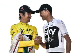 Geraint Thomas and Chris Froome on the 2018 Tour de France podium